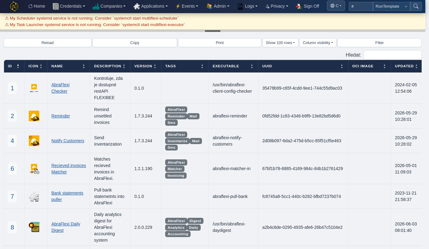 Applications listing showing registered tools